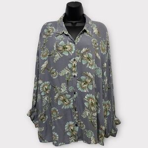 Nine West Blue Gray Floral Long 3/4 Sleeve Button Front Top Size XL